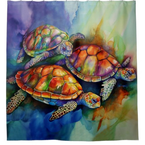 Three Magnificent Turtles Migrate in Stormy Seas Shower Curtain