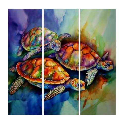 Three Magnificent Turtles Migrate in Stormy Seas Triptych