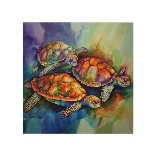 Three Magnificent Turtles Migrate in Stormy Seas Wood Wall Art