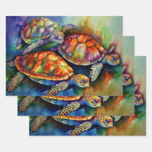 Three Magnificent Turtles Migrate in Stormy Seas Wrapping Paper Sheets