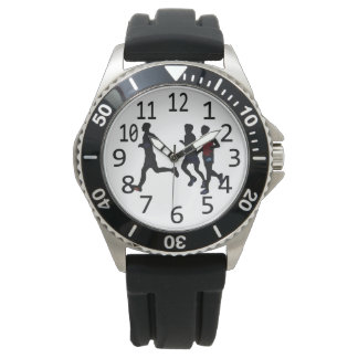 Three male runners running custom watches