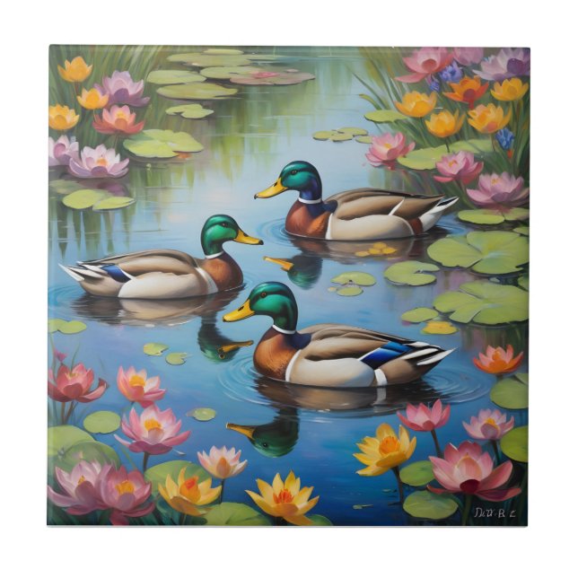 Three mallard ducks ceramic tile (Front)