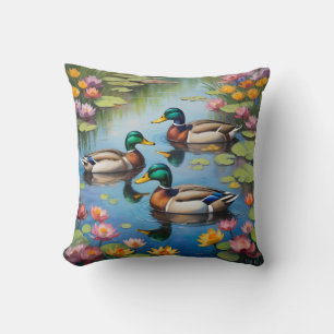 Three mallard ducks throw pillow