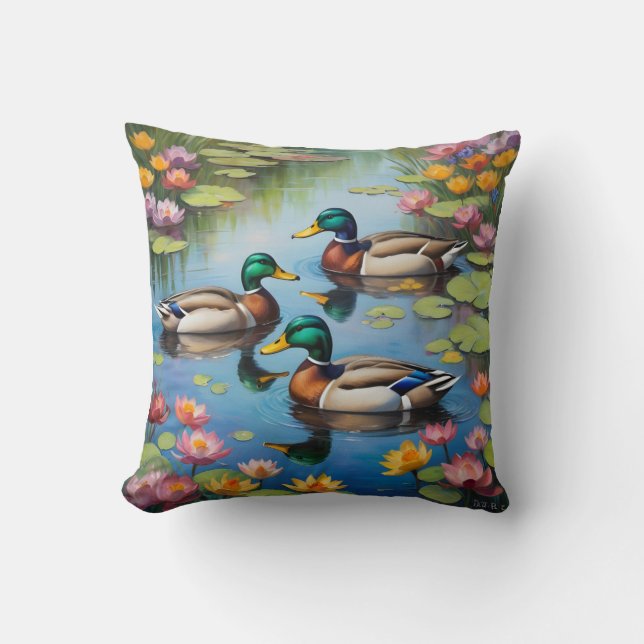 Three mallard ducks throw pillow (Front)