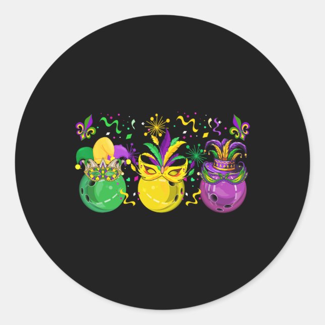 Three Mardi Gras Bowling Masked Jester Hats Parade Classic Round Sticker (Front)