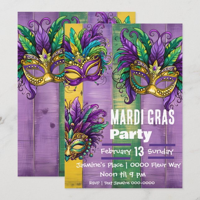 Three Mardi Gras Masks In Purple Gold Green Invitation (Front/Back)