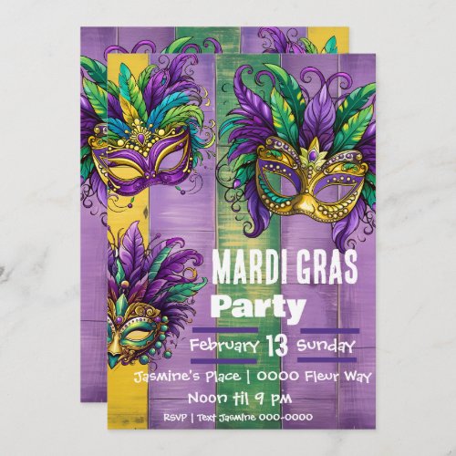 Three Mardi Gras Masks In Purple Gold Green Invitation