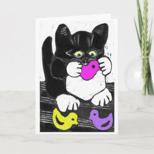 Three Marshmallow Chicks & One Hungry Kitten Holiday Card