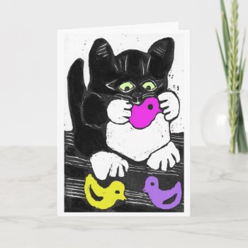 Three Marshmallow Chicks & One Hungry Kitten Holiday Card by Nine_Lives_Studio at Zazzle