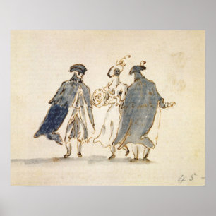 Three Masked Figures in Carnival Costume (pen & in Poster