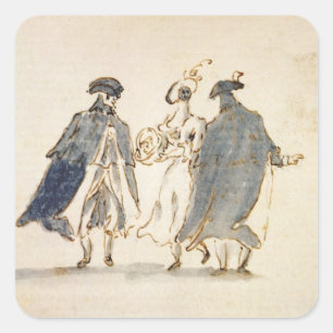 Three Masked Figures in Carnival Costume (pen & in Square Sticker