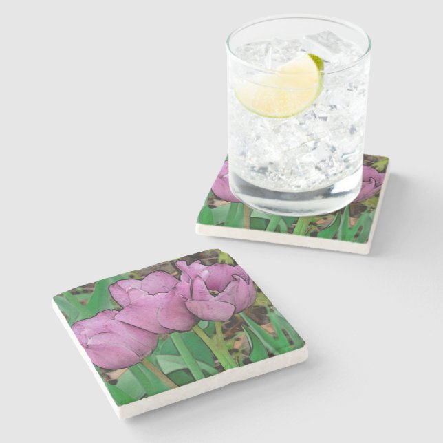 "THREE MAUVE-COLORED TULIPS" STONE COASTERS (Side)