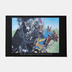 three medieval knights jousting on horses doormat