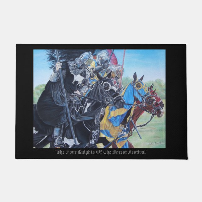 three medieval knights jousting on horses doormat (Front)