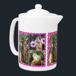 Three Meerkat Photo Collage, Teapot<br><div class="desc">Pictured is a three meerkat photo collage surrounded by a pink lace design</div>