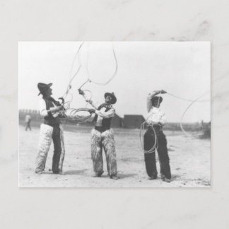 Three men lassoing. postcard