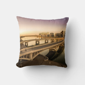 THREE MEN ON MOTORCYCLES CROSSING BRIDGE THROW PILLOW