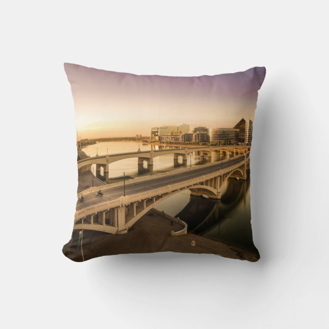 THREE MEN ON MOTORCYCLES CROSSING BRIDGE THROW PILLOW (Front)
