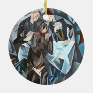 Three Men Playing Cards Geometric Art After Rockl Ceramic Ornament