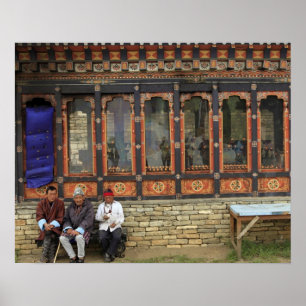 Three men sit on a bench at the Memorial Chorten Poster