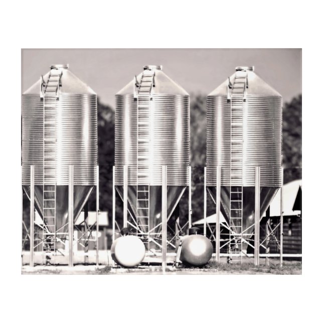 Three Metal Silos in Black and White Acrylic Print (Front)