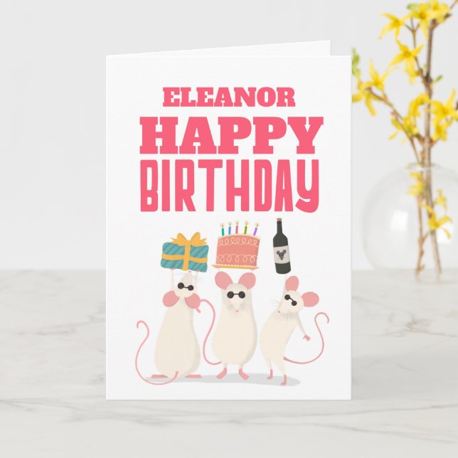 Three Mice Adult Name Happy Birthday Card (Yellow Flower)