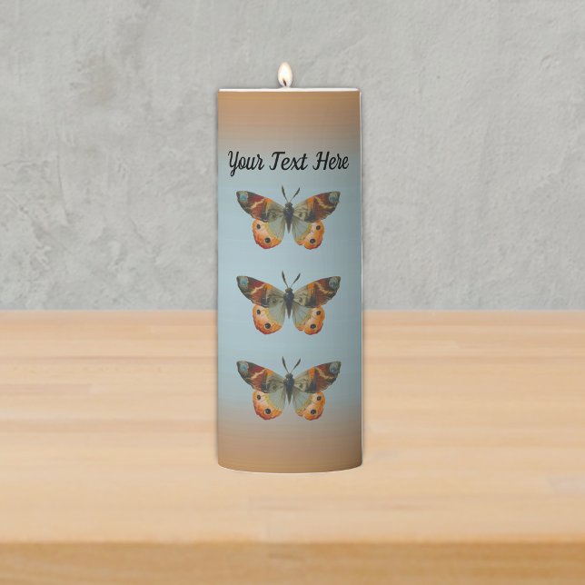 Three Monarch butterflies Autumn Colours Blue Pillar Candle (Three pretty monarch butterflies Autumn Colours on blue and orange pillar candle.)