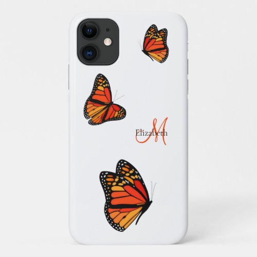 three monarch butterflies in flight monogrammed iPhone 11 case