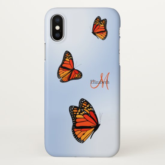 three monarch butterflies in flight monogrammed iPhone x case