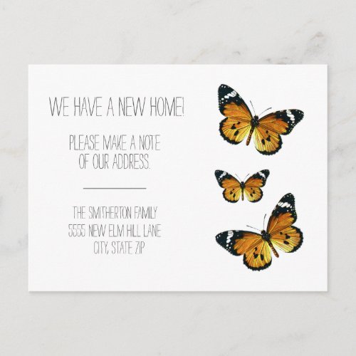 Three Monarch Butterflies Moving Announcement Postcard