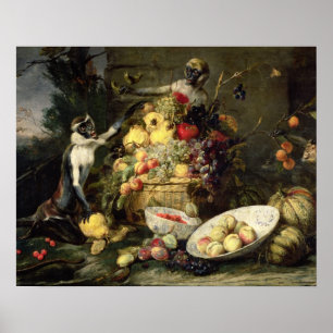 Three Monkeys Stealing Fruit (oil on canvas) Poster