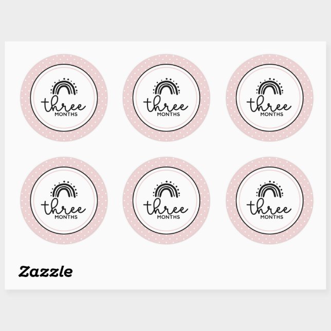 Three months rainbows and polka dots milestone classic round sticker (Sheet)