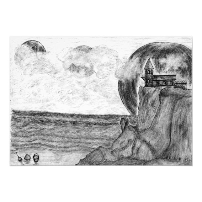 Three Moons A Day at The Beach, Pencil Drawing Photo Print (Front)