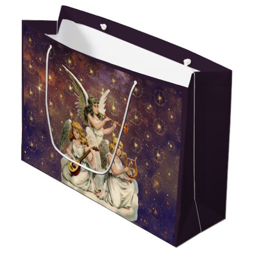 Three Musical Angels Against Purple Sky and Stars Large Gift Bag