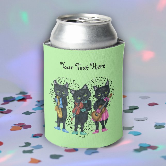 Three Musical Black Cat Bright Clothes Notes Heart Can Cooler (Fun black cat musicians playing instruments on heart of music notes on light green drink can cooler.)