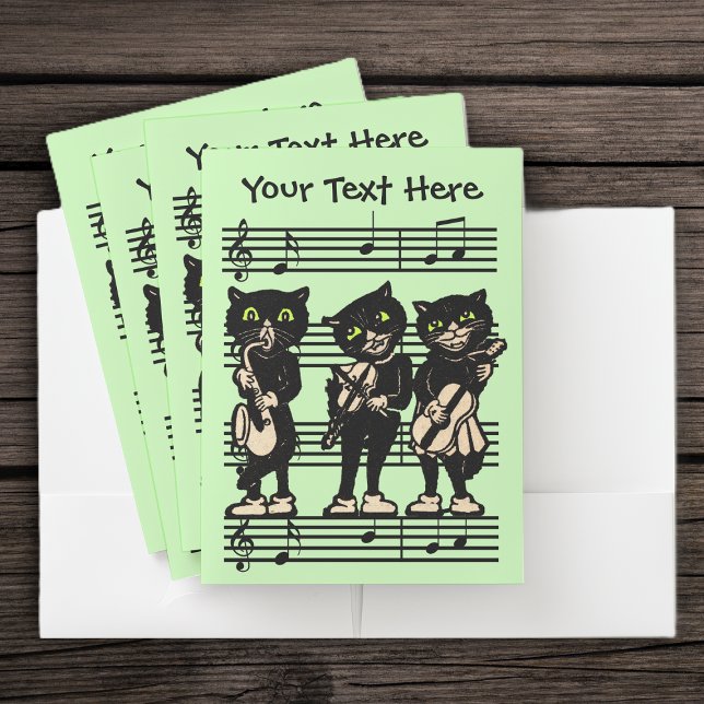 Three Musical Black Cats Green Eyes on Sheet Music Pocket Folder (Three black cat musicians playing instruments on sheet of music notes on green pocket file folders.)