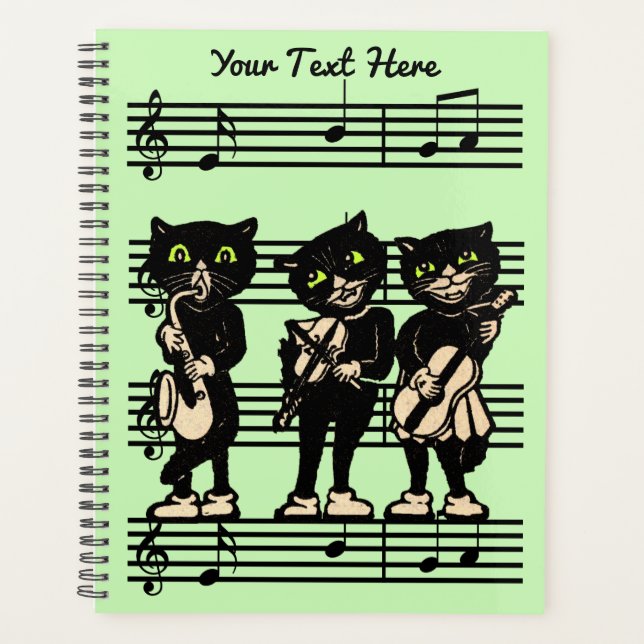 Three Musical Black Cats Instruments Sheet Music Planner (Front)