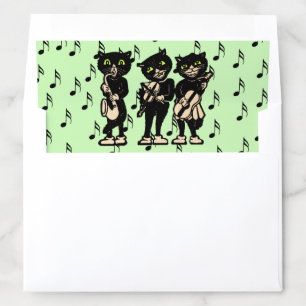 Three Musical Black Cats Playing Instruments Green Envelope Liner