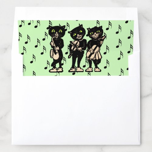 Three Musical Black Cats Playing Instruments Green Envelope Liner