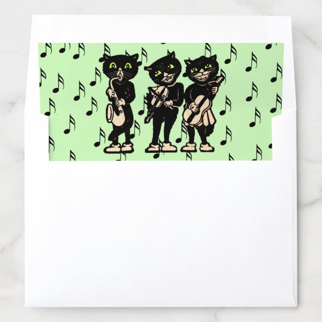 Three Musical Black Cats Playing Instruments Green Envelope Liner (In Envelope)