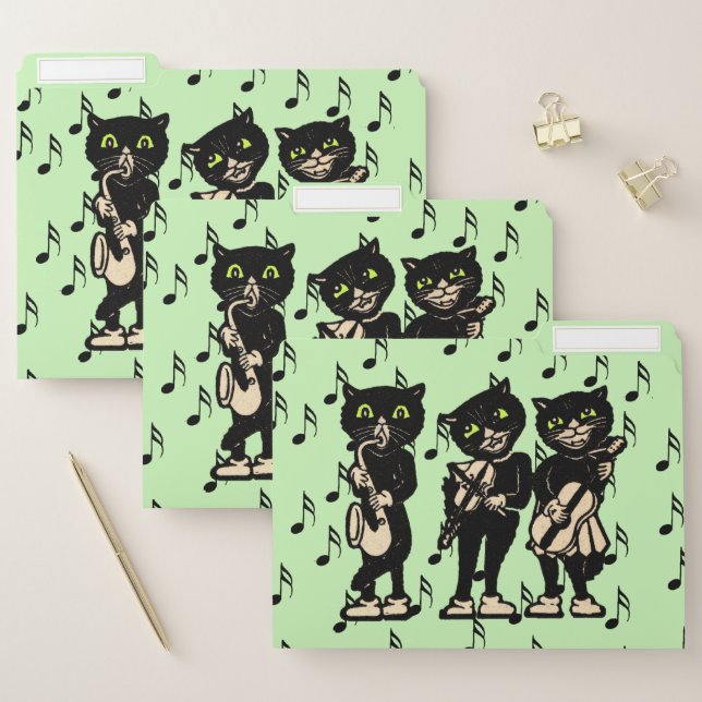 Three Musical Black Cats Playing Instruments Green File Folder (Set)