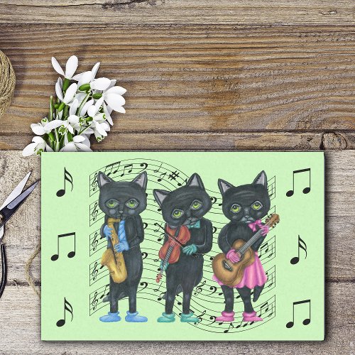 Three Musician black Cats Music Notes Green Tissue Paper