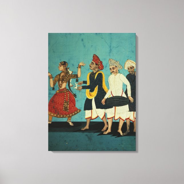 Three musicians and a dancing girl, Tanjore, Tamil Canvas Print (Front)