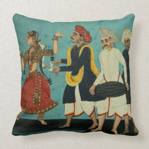 Three musicians and a dancing girl, Tanjore, Tamil Throw Pillow