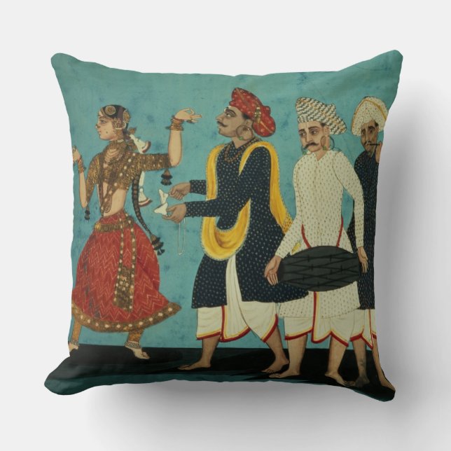 Three musicians and a dancing girl, Tanjore, Tamil Throw Pillow (Front)