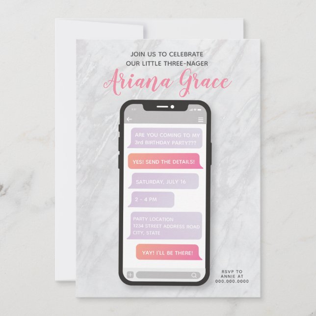 Three-nager Girl's Third Birthday Invitation (Front)