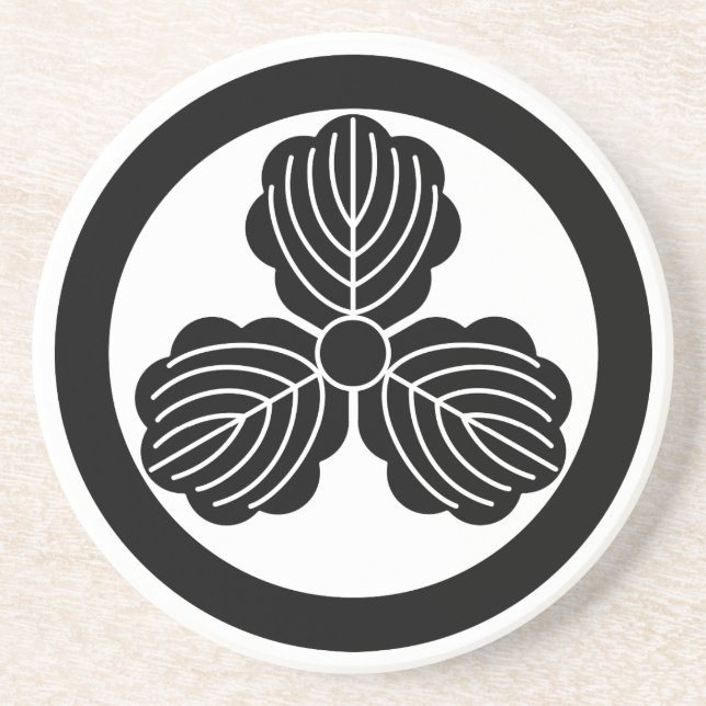 Three oak leaves(1) in circle sandstone coaster (Front)