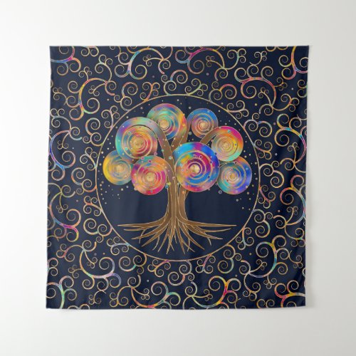 Three of life _ colorful spiral branches tapestry