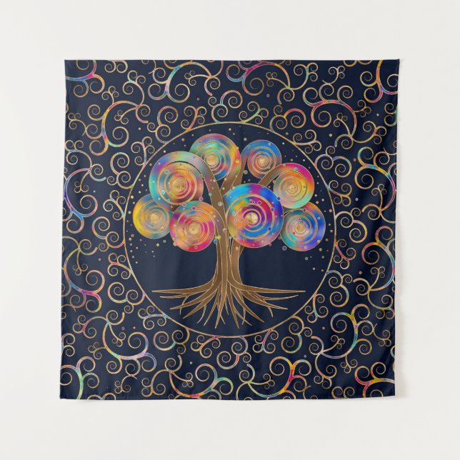 Three of life - colorful spiral branches tapestry (Front)