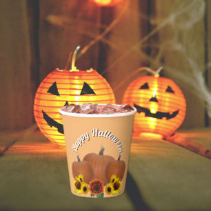 Three Orange Pumpkins and Sunflowers Halloween Paper Cups